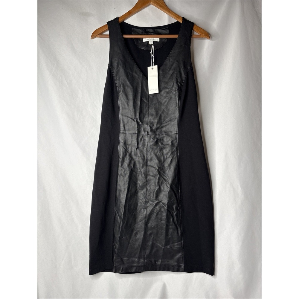 Piperlime Faux Leather Ponte V-neck Shift Dress Edgy Goth Mob Wife Black Medium
